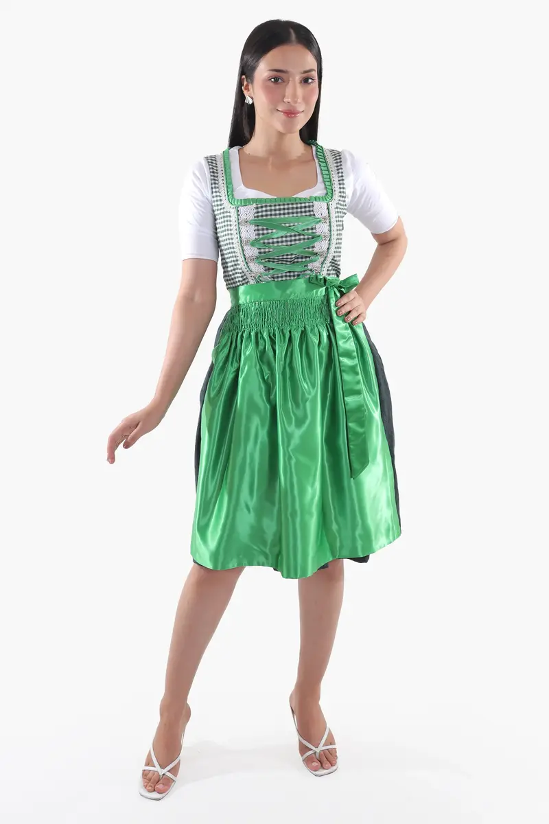 Dirndl Midi Damen Grün Kariert | Trachtenkleid mit strukturiertem Mieder und Schürze für Oktoberfest