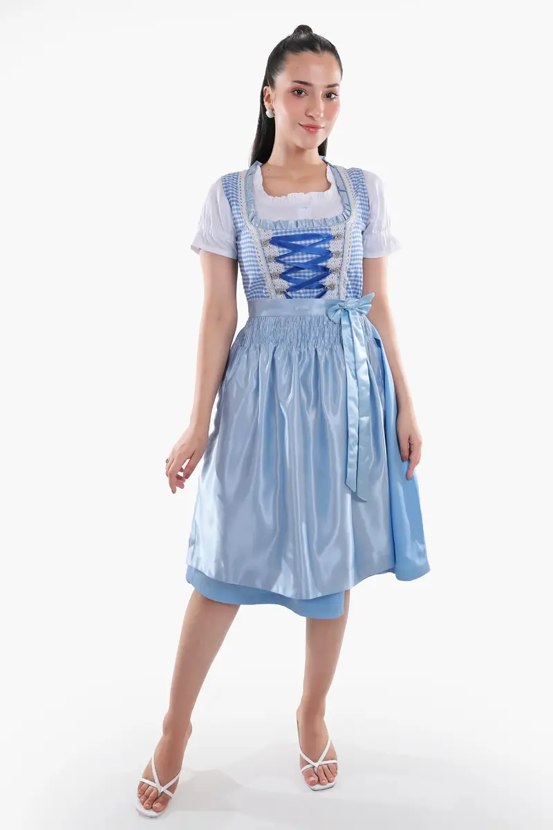 Dirndl Midi Damen | Kariertes Trachtenkleid mit Schürze, strukturiertem Mieder und Schnürband für Oktoberfest