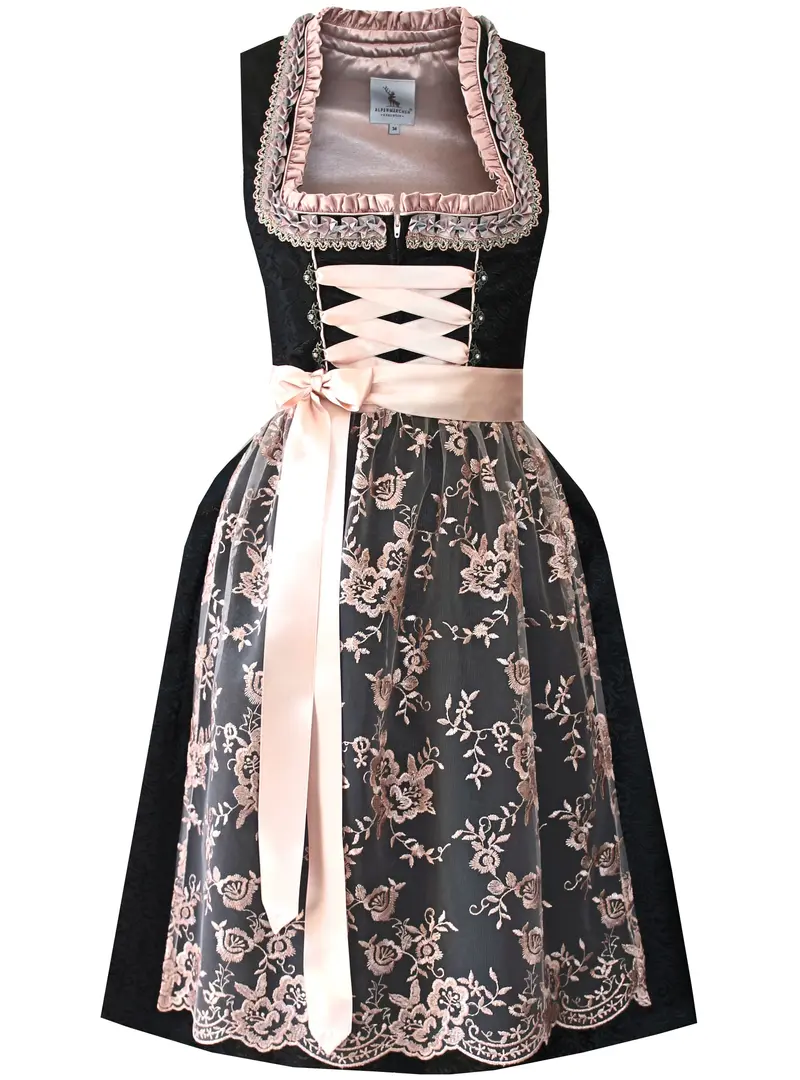 Dirndl Midi Damen | Klassisches Dirndl mit Spitzenschürze, Reißverschluss und 60 cm Rocklänge für Volksfestearz und Altrosa - ALM679-S