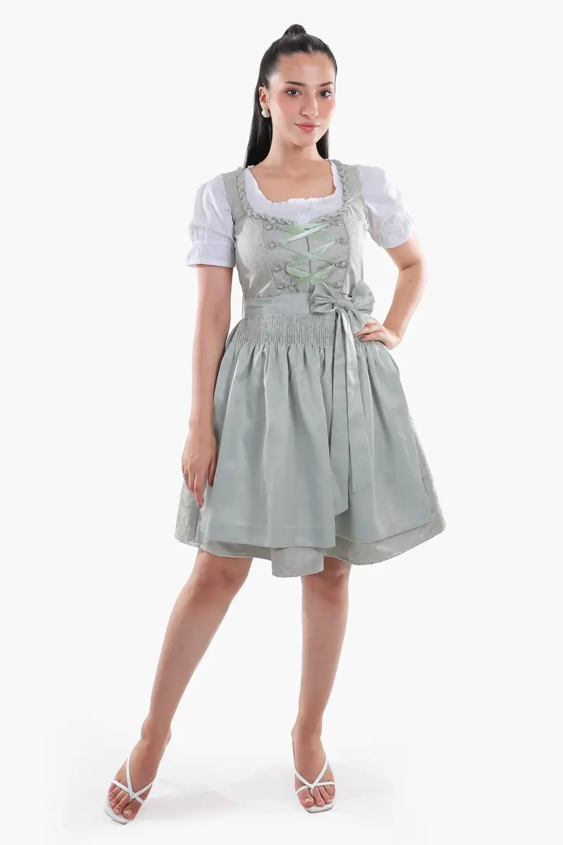 Dirndl Midi Damen Mintgrün | Trachtenkleid mit strukturiertem Mieder, Stickereien und Schürze für Oktoberfest
