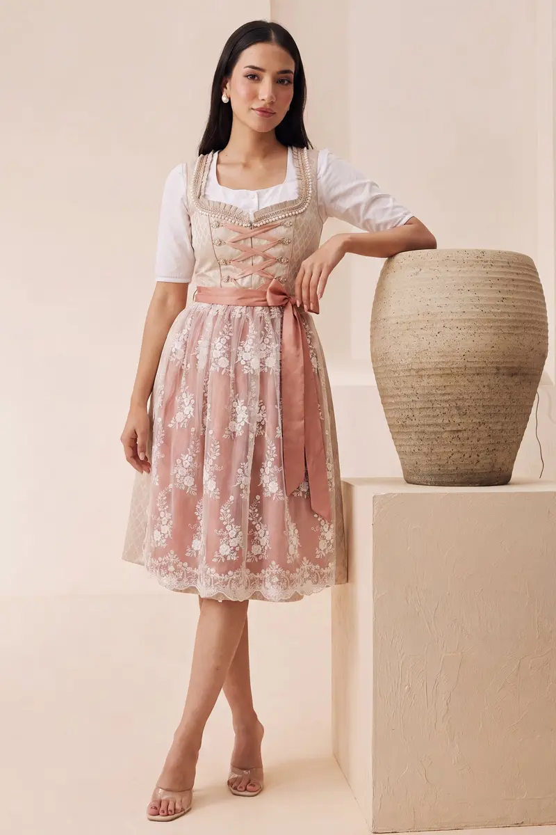 Dirndl Midi Damen Roségold | Trachtenkleid mit strukturiertem Mieder, Stickereien und Schürze für Oktoberfest