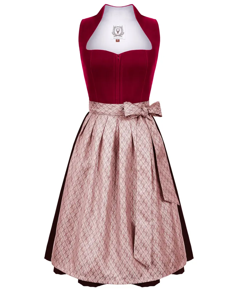 Dirndl Midi Damen | Rotes Samtdirndl mit Plissee-Schürze für Oktoberfest, Volksfest und festliche Anlässe