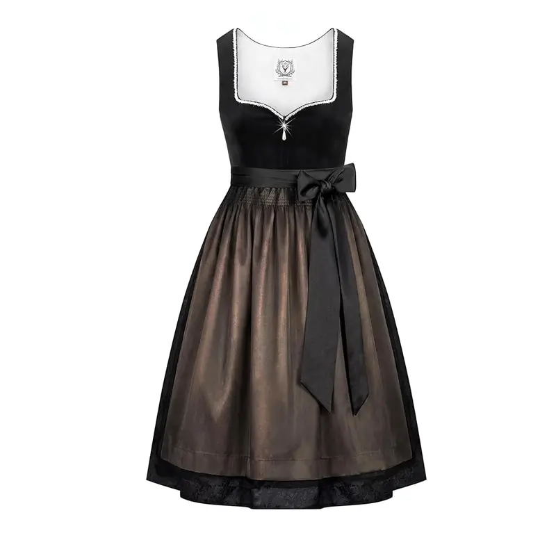 Dirndl Midi Damen | Samtdirndl mit Jacquard-Rock, Schürze und Reißverschluss für Oktoberfest und Volksfest