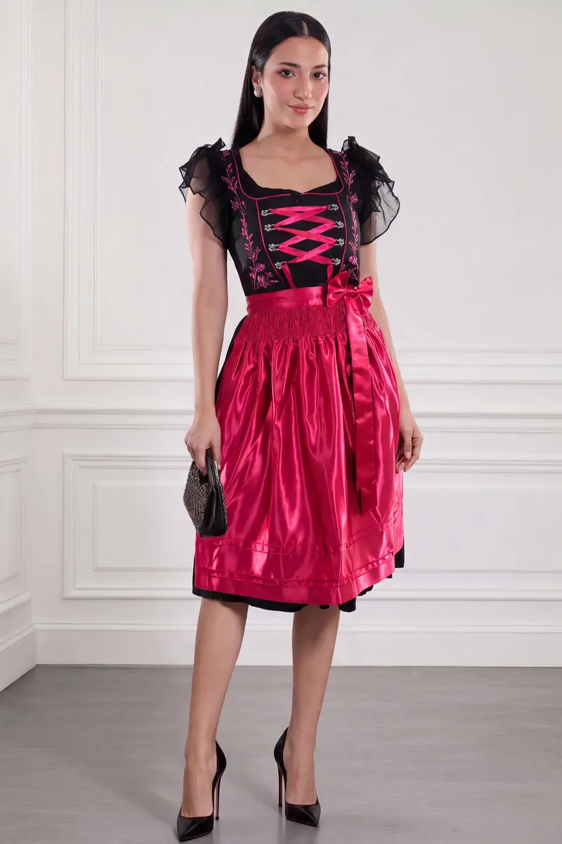 Dirndl Midi Damen Schwarz Fuchsia | Trachtenkleid mit floralen Details, Mieder und Kontrastschürze für Oktoberfest