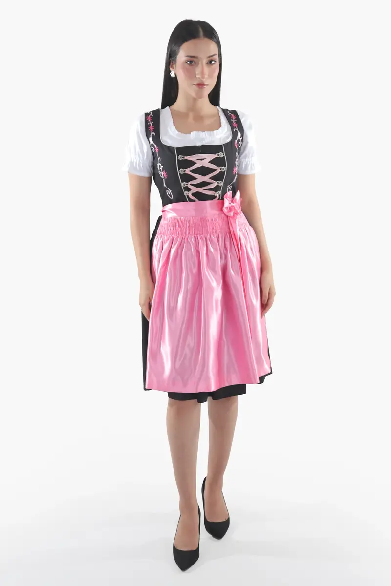 Dirndl Midi Damen Schwarz Rosa | Trachtenkleid mit strukturiertem Mieder und Kontrastschürze für Oktoberfest