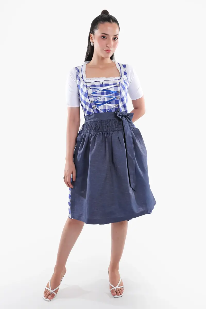 Dirndl Midi Damen | Trachtenkleid mit strukturiertem Mieder, Schürze und Schleifenband für Oktoberfest