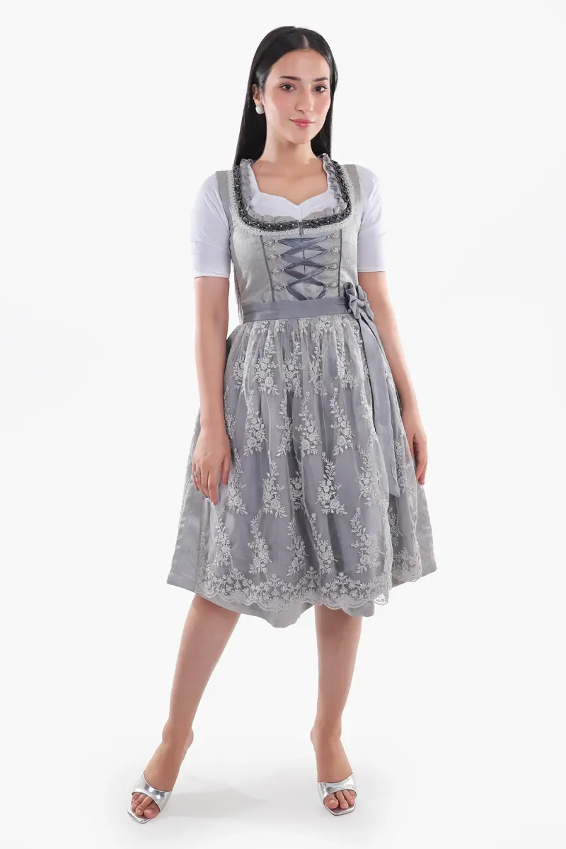 Dirndl Midi Damen | Trachtenkleid mit strukturiertem Mieder, Stickereien und Schürze für Oktoberfest