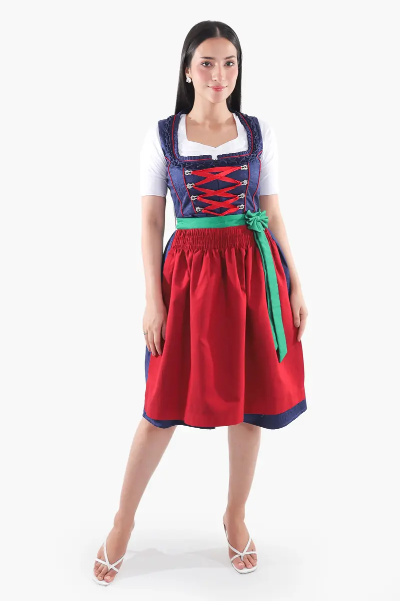Dirndl Midi Damen | Traditionelles Trachtenkleid mit strukturiertem Mieder, Schürze und 60–70 cm Rocklänge