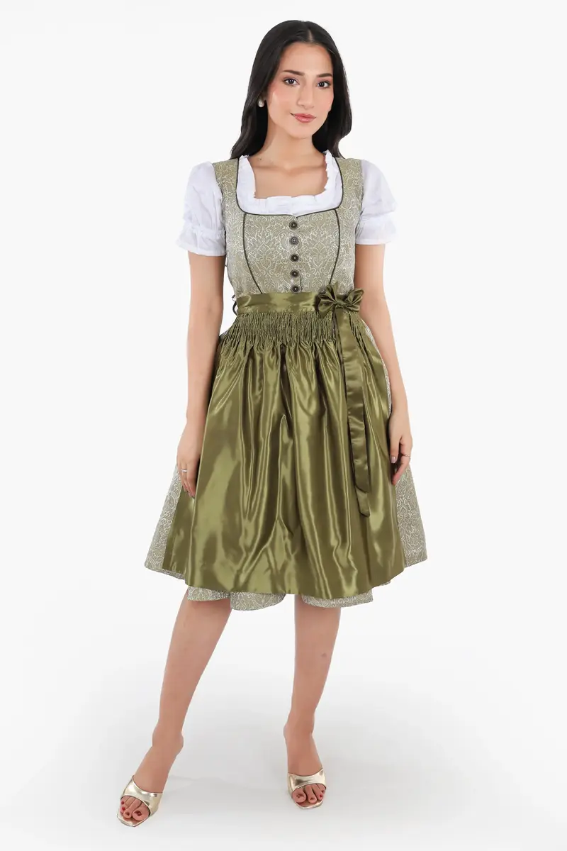 Dirndl Midi Damen Waldgrün | Trachtenkleid mit strukturiertem Mieder, Stickereien und Schürze für Oktoberfest