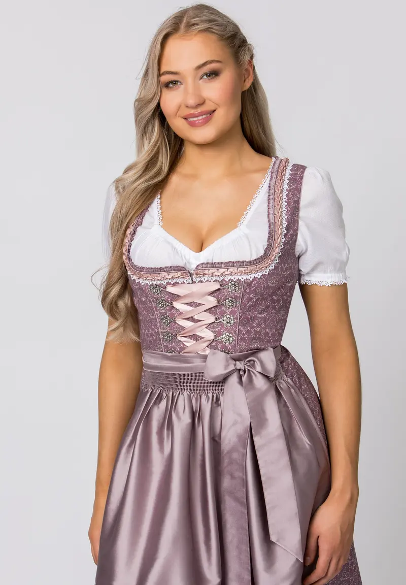 Dirndl Mini Damen | Beerenfarbenes Trachtenkleid mit Schnürmieder, Schürze und 55 cm Rocklänge