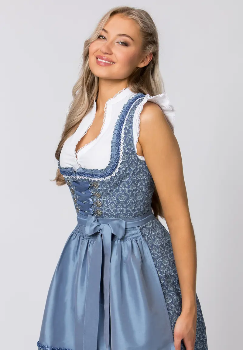 Dirndl Mini Damen | Blaues Trachtenkleid mit Schnürmieder, Schürze und 55 cm Rocklänge