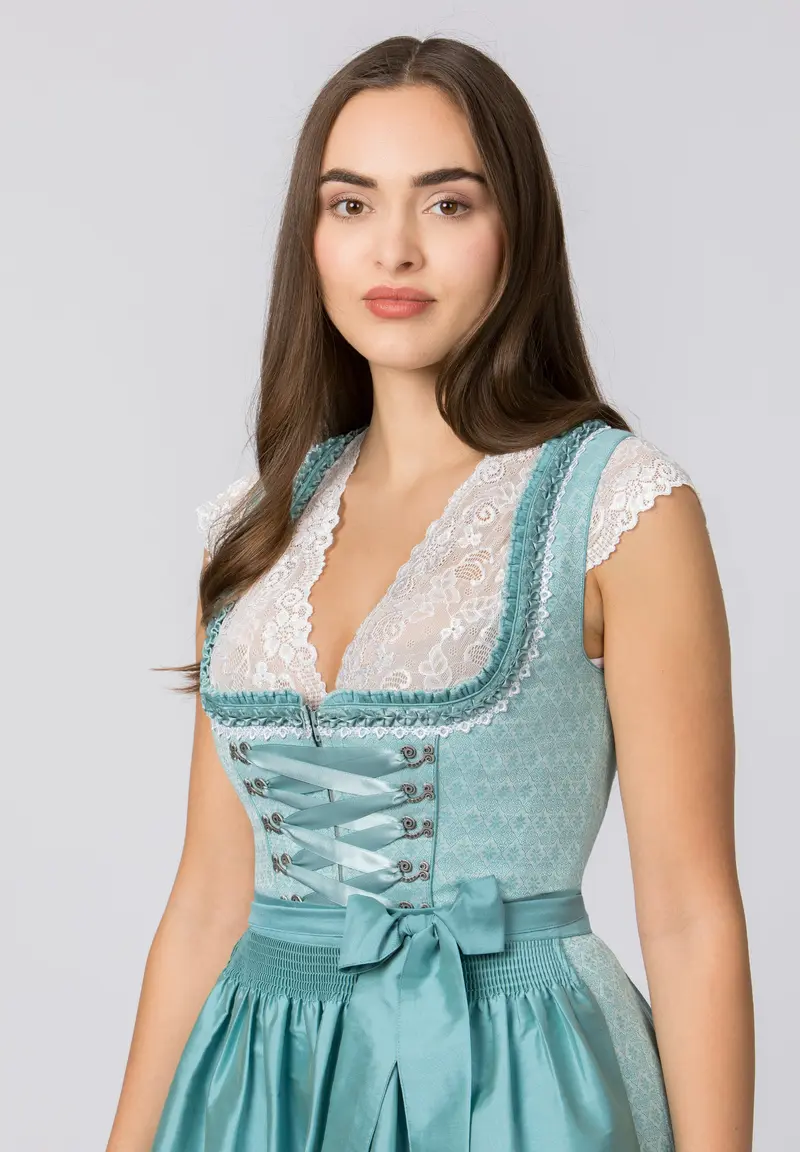 Dirndl Mini Damen | Türkisfarbenes Trachtenkleid mit Schnürmieder, Schürze und 50 cm Rocklänge