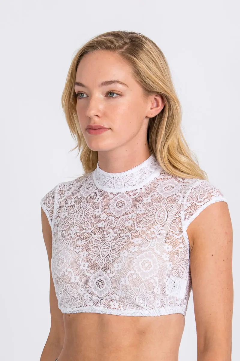 Dirndlbluse Damen | Ärmellose Spitzenbluse mit Stehkragen und elastischem Saum für Dirndl