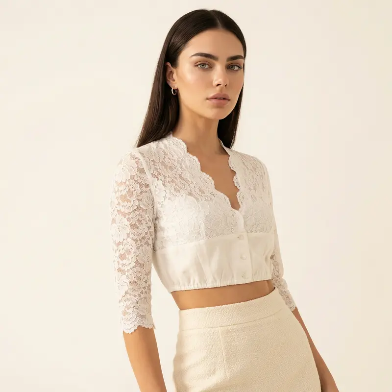 Dirndlbluse Damen mit Spitze | 3/4-Arm, V-Ausschnitt und Knopfleiste | Stretch-Spitze für vielseitige Trachten-Looks
