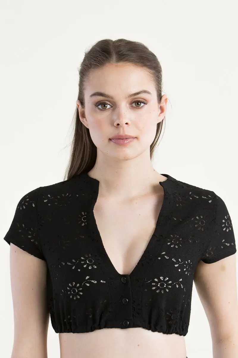 Dirndlbluse Damen | Schwarze Kurzarmbluse mit V-Ausschnitt, Lochstickerei und elastischem Saum für Dirndl