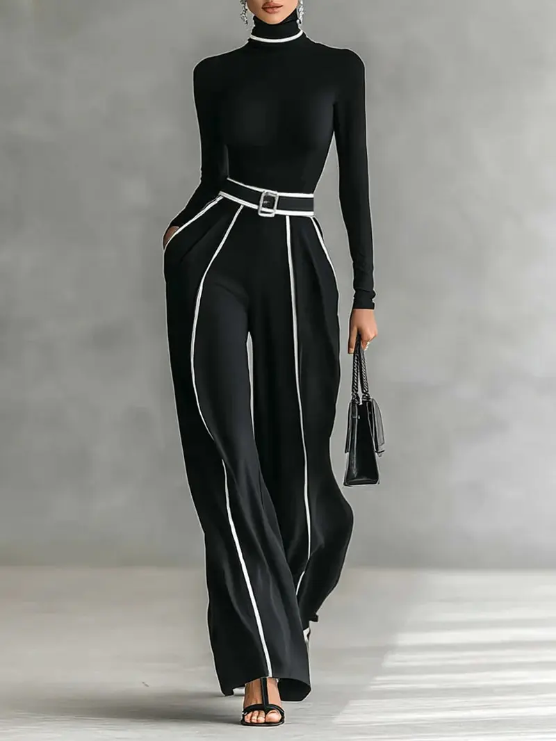 Elegantes 2-teiliges Damen Set | Hochgeschlossenes Langarm-Top mit Kontrastdetails | Wide-Leg Hose + Gürtel für Alltag & Office