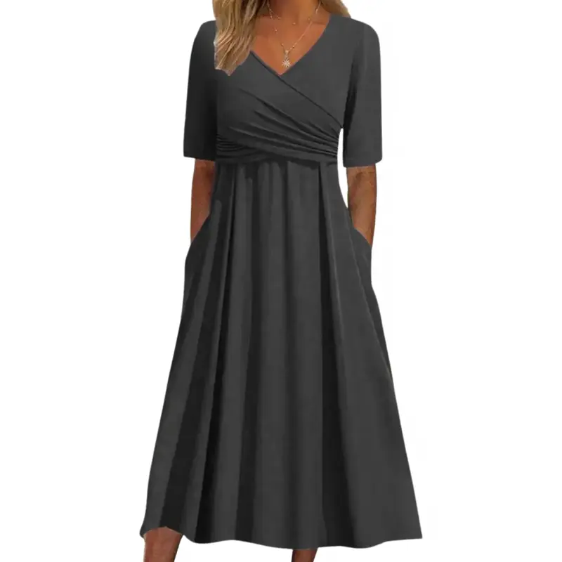 Elegantes Midikleid mit V-Ausschnitt & Falten | Luftiges Damenkleid mit Taschen | Vielseitiges Kleid für Alltag & besondere Anlässe