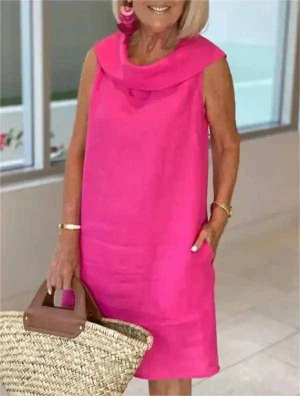 ELINE Midi-Kleid aus Baumwolle-Leinen-Mix | Atmungsaktiv & leicht, H-Linie locker fallend | Rüschen-Ausschnitt, einfarbig