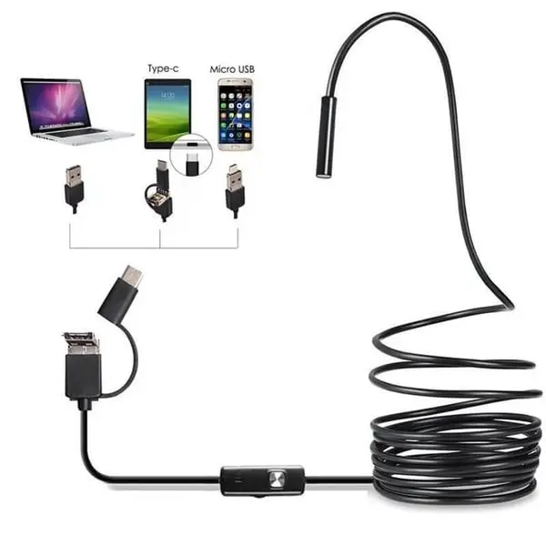 Endoskopkamera 3-in-1 für Handy & PC | 7 mm Sonde, IP67 wasserdicht | 6 LED-Lichter dimmbar | 720p HD | Kabel 1–10 m