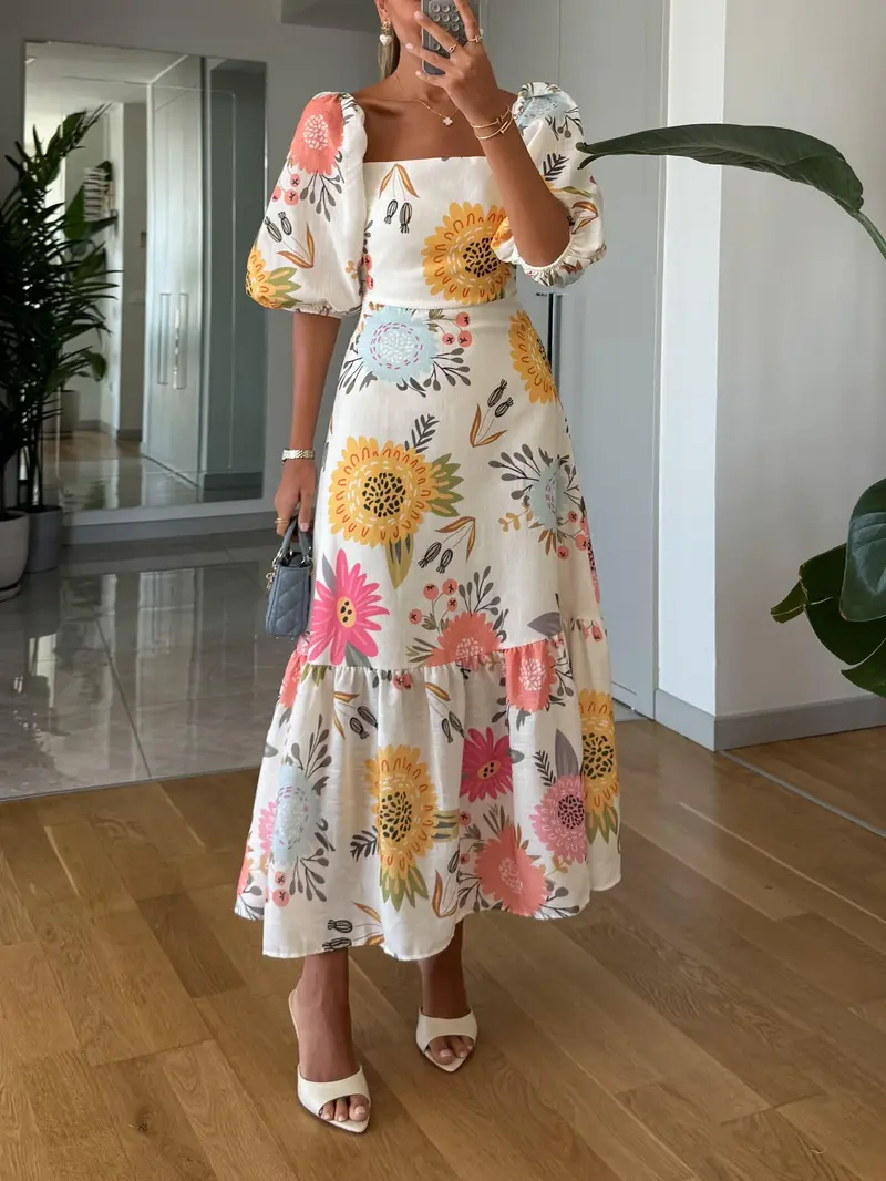 Fable romantisches Midikleid mit Blumenprint | Puffärmel & fließende Silhouette | Atmungsaktiver Stoff, feminin & vielseitig