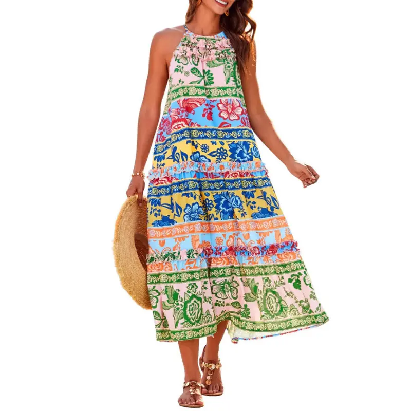 Felicity Boho Neckholder-Maxikleid mit Blumenprint | Stufiger, fließender Schnitt | Leicht & atmungsaktiv für Sommer & Urlaub
