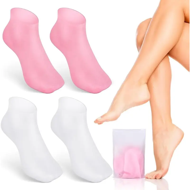 Feuchtigkeitsspendende Silikon-Pediküresocken 2 Paar | Für trockene & raue Fersen | Unterstützt die Pflegewirkung von Cremes | Einheitsgröße US 5–10 | Rosa/Weiß