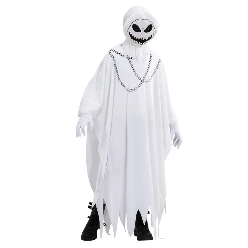 Geist Kostüm Kinder | Weißes Halloween-Kostüm mit Robe und Kapuzenmaske für Halloween- und Mottopartys