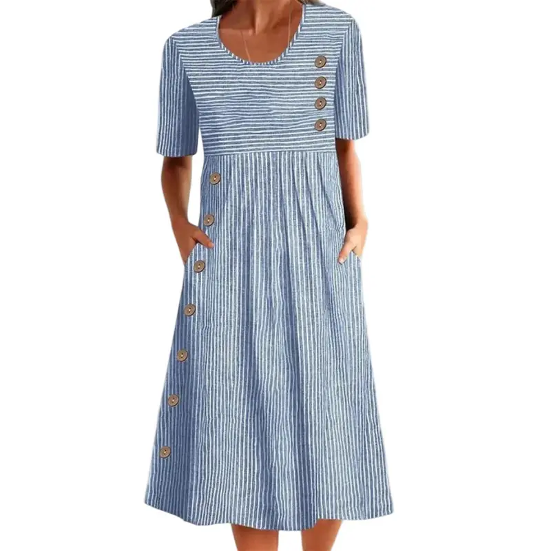 Gestreiftes Midi-Kleid mit 3/4-Ärmeln | Leichter, atmungsaktiver Stoff | Bequemer Schnitt für Alltag & Sommer