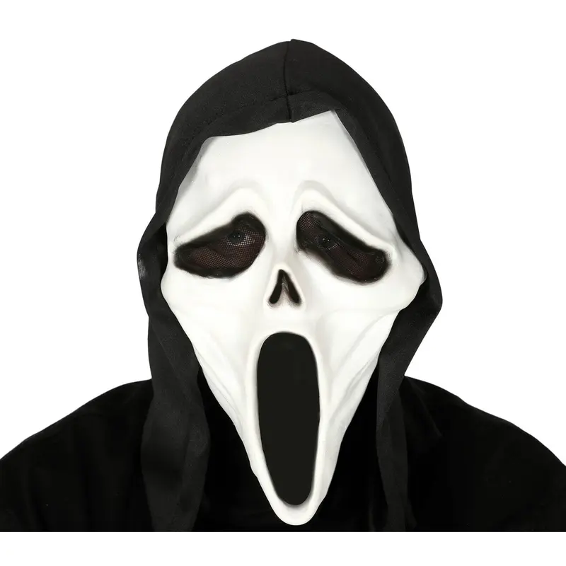 Ghostface Maske Schwarz Weiß | Scream Halloween Maske aus Vinyl mit schwarzer Kapuze für Horrorparty, Karneval und Kostüm
