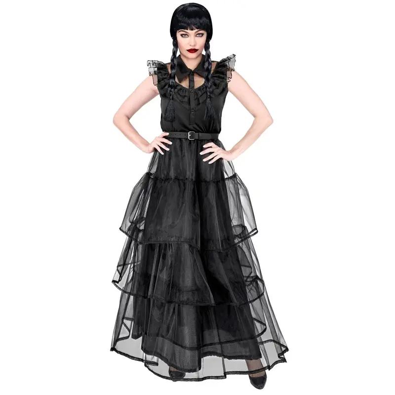 Gothic Kleid Damen | Schwarzes Halloween-Kostüm mit Gürtel für Gothic-Verkleidung und Mottopartys
