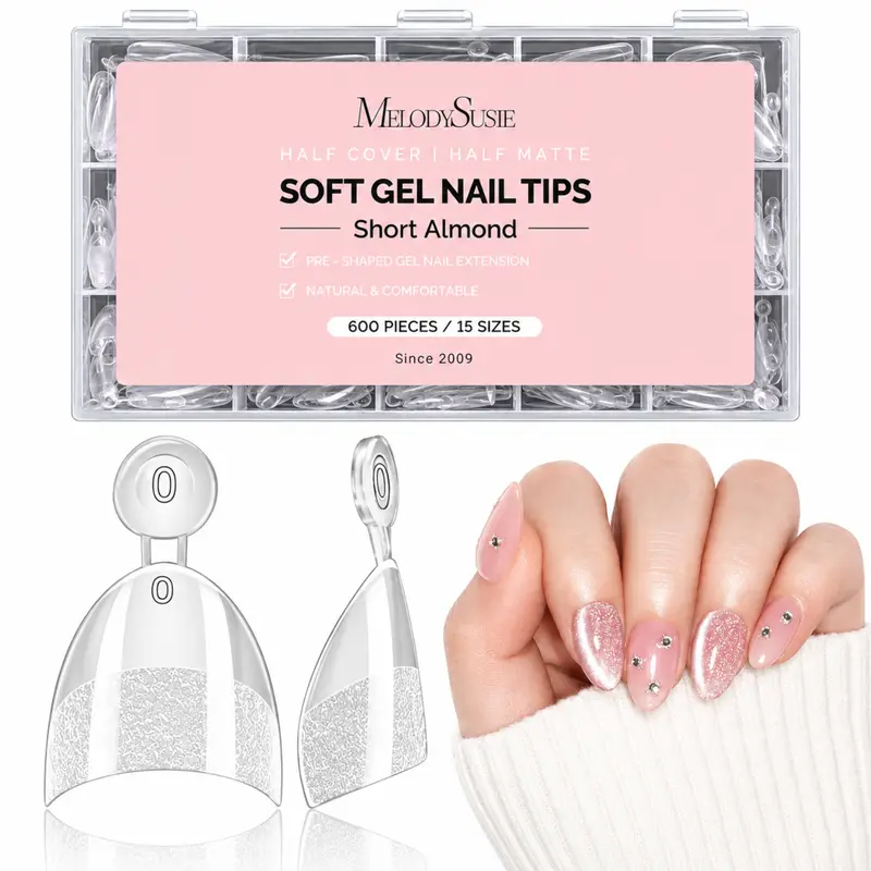 Half Cover Soft Gel Nail Tips Short Almond 600pcs