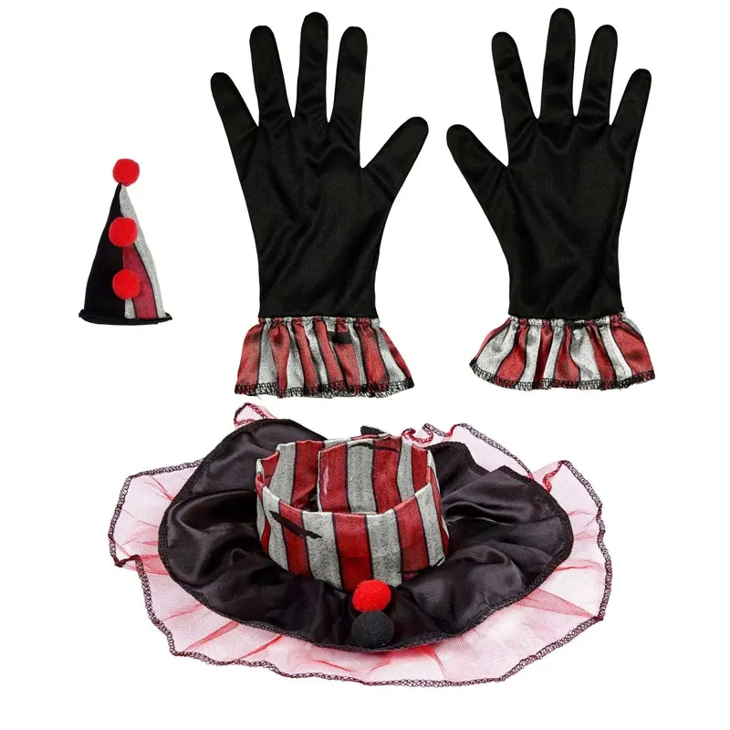 Halloween Clown Accessoire Set Dunkel | 3-teiliges Kostüm Zubehör mit Mini-Mütze, Kragen und Handschuhen für Mottopartys