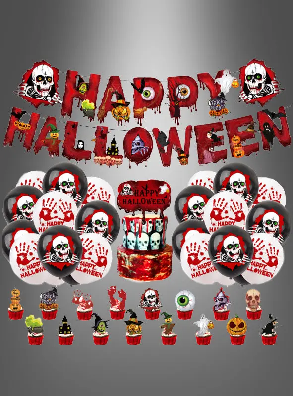 Halloween Deko Set 39-teilig Rot Schwarz | Mit Girlande, 20 Luftballons und 17 Kuchen Toppern für Halloween Party und Buffet