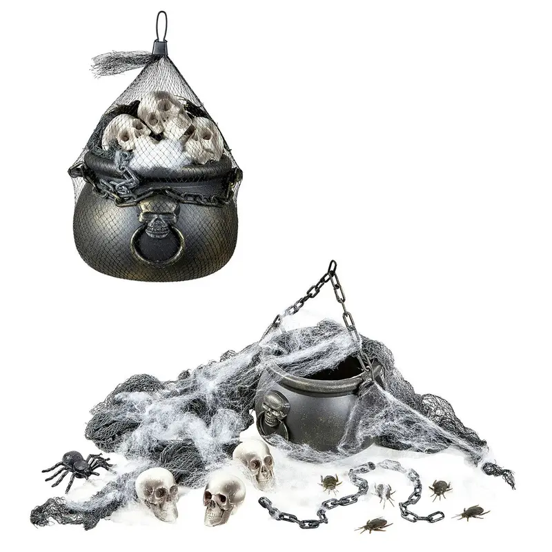 Halloween Deko Set | Gruseliges Dekorationsset mit Hexenkessel, Totenköpfen, Spinnennetz und Skelettteilen