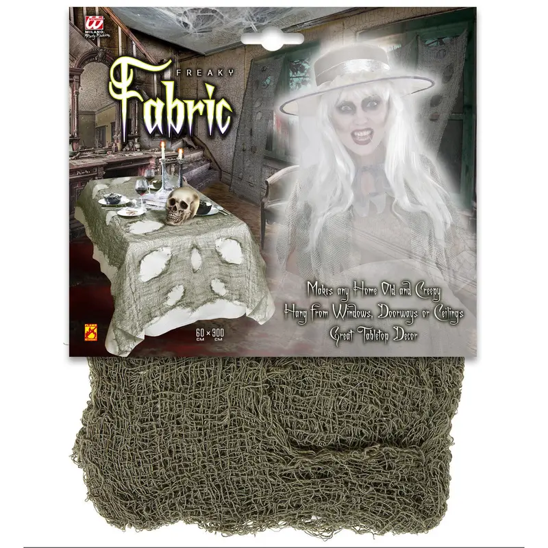 Halloween Deko Stoff 75 × 300 cm | Grünes zerrissenes Gaze-Tuch für Tisch, Möbel und gruselige Halloween-Dekoration