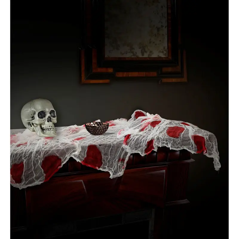Halloween Deko Tuch 180 × 80 cm | Weißes Gaze-Tuch mit Blutflecken für Tisch, Horror-Dekoration und Halloween-Partys