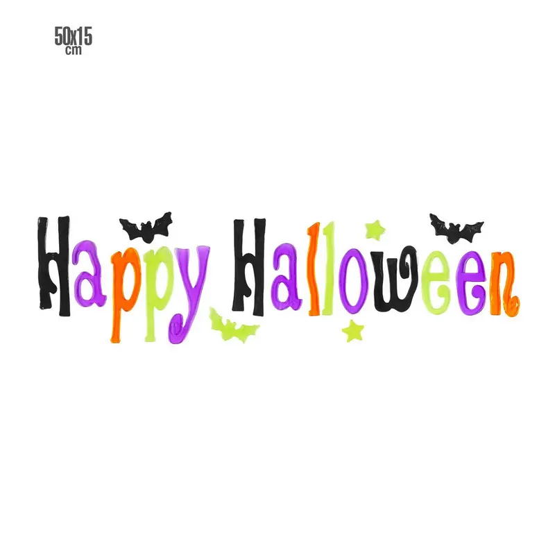 Halloween Fensteraufkleber | Bunter Happy-Halloween Schriftzug mit Fledermäusen für Fenster, Türen und Halloween-Dekoration