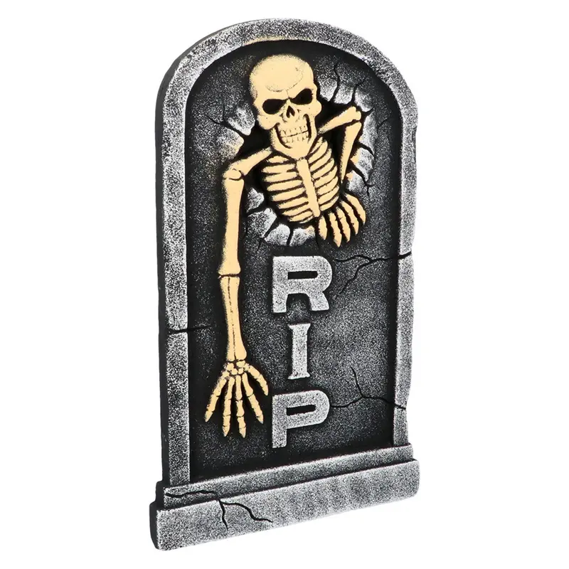 Halloween Grabstein Deko | Grauer RIP-Grabstein mit Skelett und Totenkopf für Friedhofs-, Garten- und Halloween-Dekoration