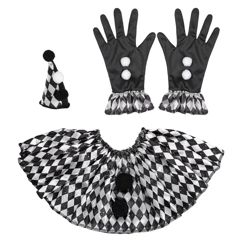 Halloween Harlekin Accessoire Set Schwarz Weiß | 3-teiliges Kostüm Zubehör mit Mini-Mütze, Kragen und Handschuhen