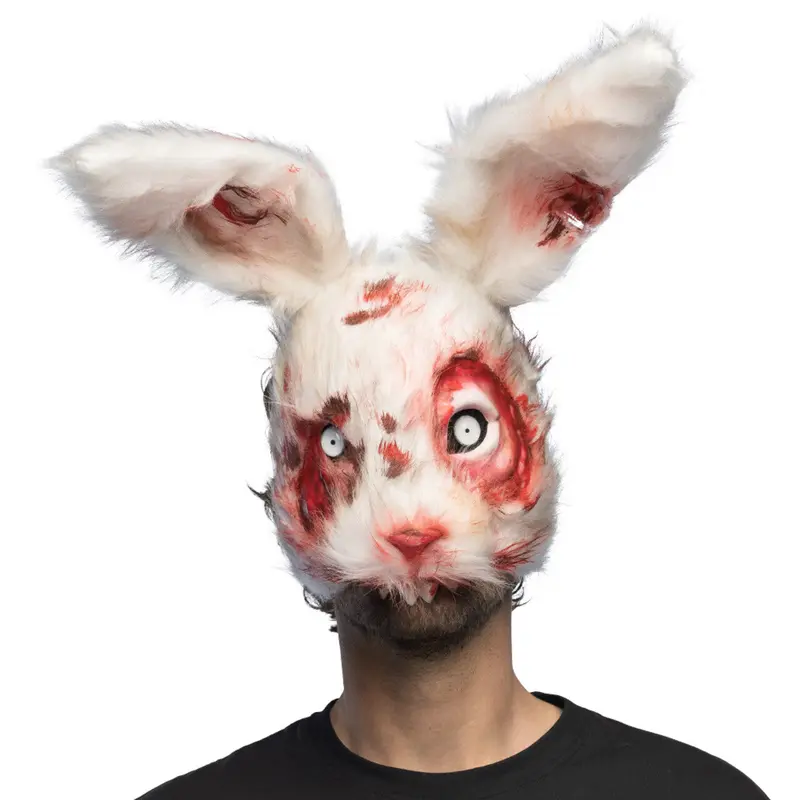 Halloween Hasenmaske Weiß Rot | Blutige Horror Kaninchen Maske mit Kunstfell und langen Ohren für Kostüm- und Mottopartys