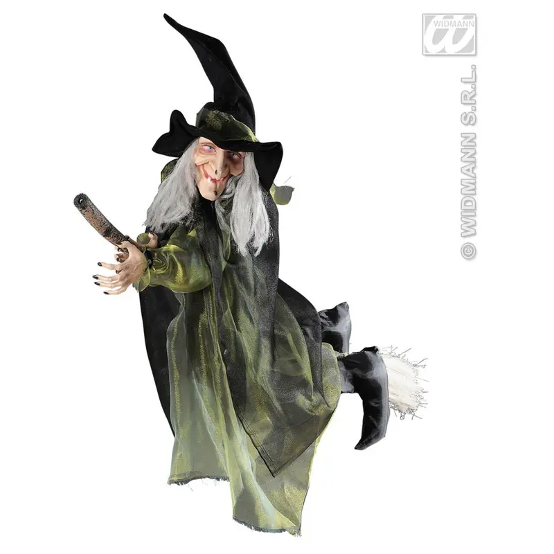 Halloween Hexe auf Besen 100 cm | Fliegende Hexen-Hängedeko mit spitzem Hut für Halloween-Partys und Gruseldekoration