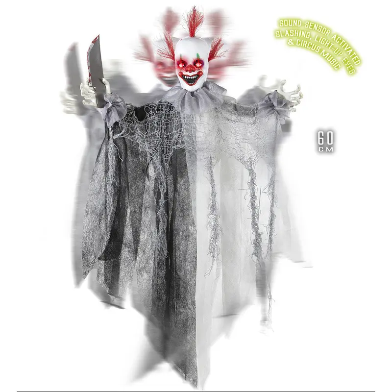 Halloween Killer Clown Deko 60 cm | Animierte Horror-Clown Hängedeko mit leuchtenden Augen, Sound und Bewegung