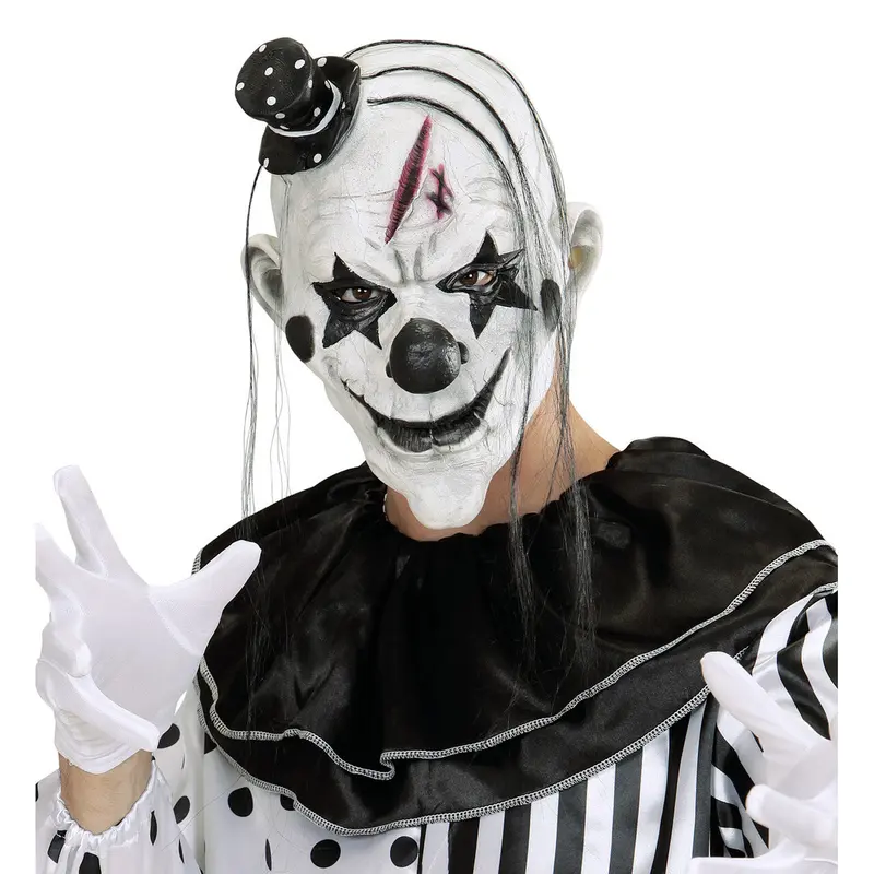 Halloween Killerclown Maske Schwarz Weiß | Gruselige Clown Maske mit Haaren, Minihut und Blutnarbe für Horror-Mottoparty