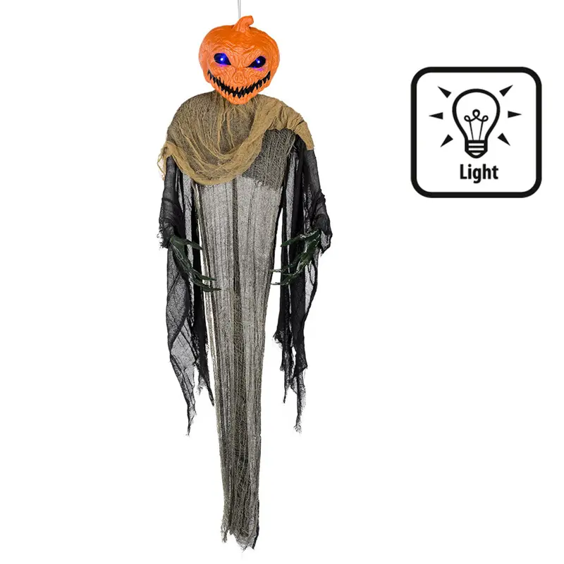 Halloween Kürbis Hängedeko | Gruselige Kürbisfigur mit leuchtenden Augen und langen Stofffetzen für Halloween-Partys