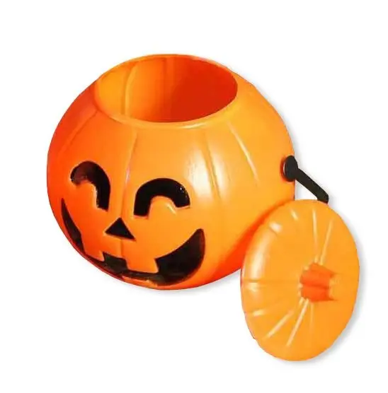 Halloween Kürbis mit Deckel 17 cm | Orange-schwarzer Deko-Kürbis aus Kunststoff für Halloween-Partys