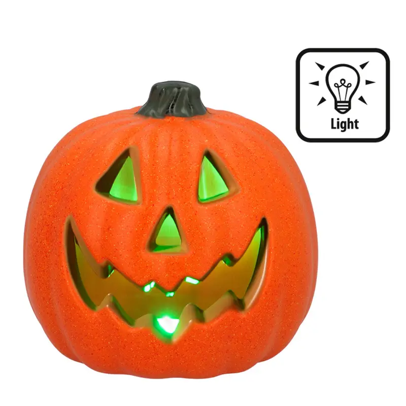 Halloween LED Kürbis | Beleuchteter Deko-Kürbis mit grün leuchtendem Gesicht für Tisch-, Fenster- und Partydekoration