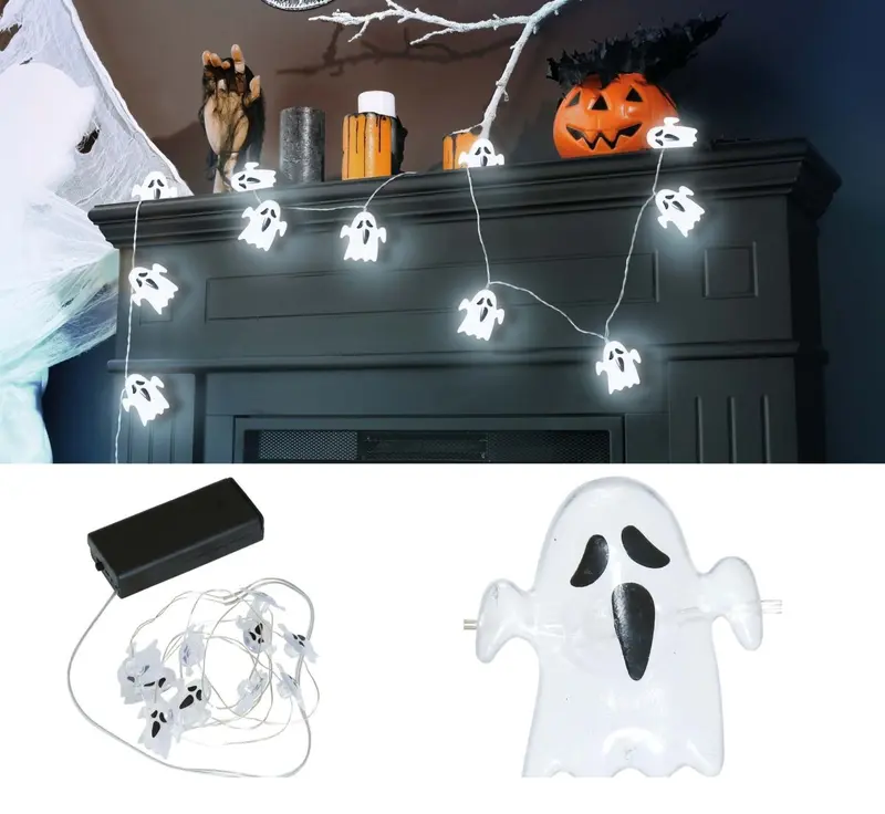 Halloween LED Lichterkette Gespenster 1,2 m | Geister Girlande mit Batteriebetrieb für Halloween-, Fenster- und Partydeko