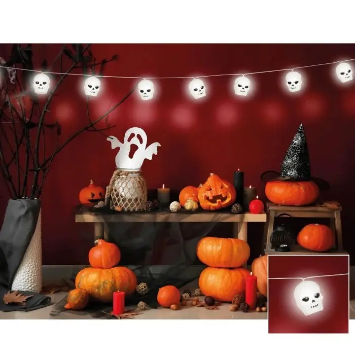 Halloween LED Lichterkette Totenköpfe 1,8 m | Totenkopf Girlande mit Batteriebetrieb für Halloween- und Horrorparty-Deko