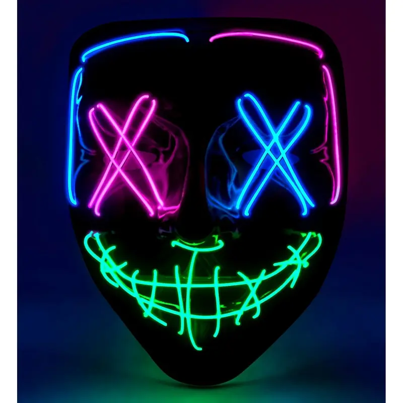 Halloween Maske Schwarz mit Neonlicht | Leuchtende Gruselmaske mit farbigem Licht für Horrorparty, Cosplay und Mottoparty