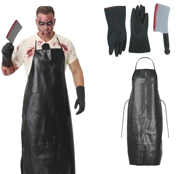Halloween Metzger Accessoire Set | 4-teiliges Horror Kostüm Zubehör mit Messer, Schürze und Handschuhen für Mottopartys